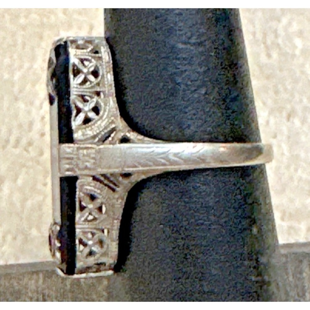 Antique 14K White Gold Eastern Star Onyx Filigree Ring Sz 5 Missing Diamond READ - Picture 8 of 12